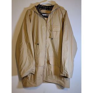 Totes Flannel Lined Rain Jacket Size L Tan Light Brown With Brown Plaid Lining
